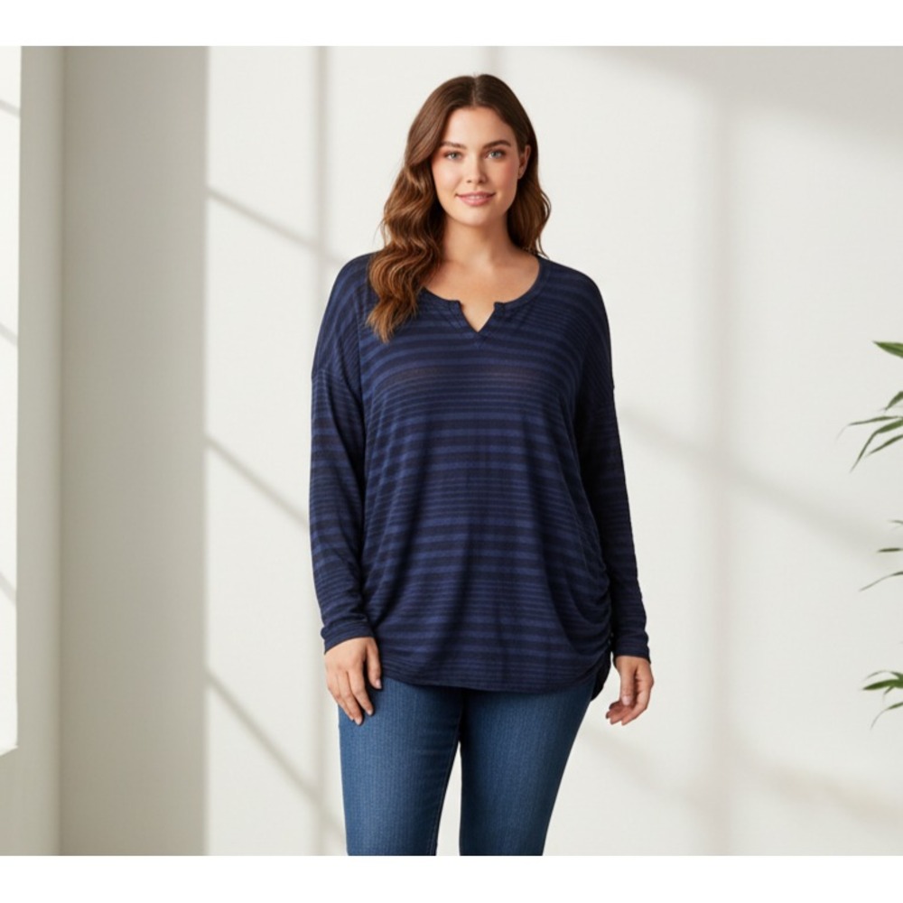 Lane Bryant 22 24 3X Blue Top Tee Womens Striped Ruched Casual Athleisure